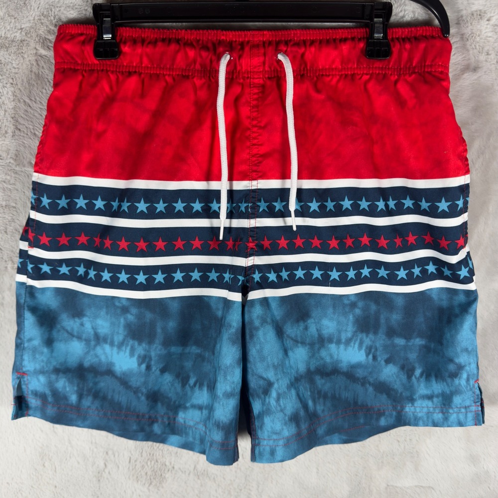 George Men Red Blue Star Tie Dye‎ Swim Trunks Size M 32 34 Drawstring
